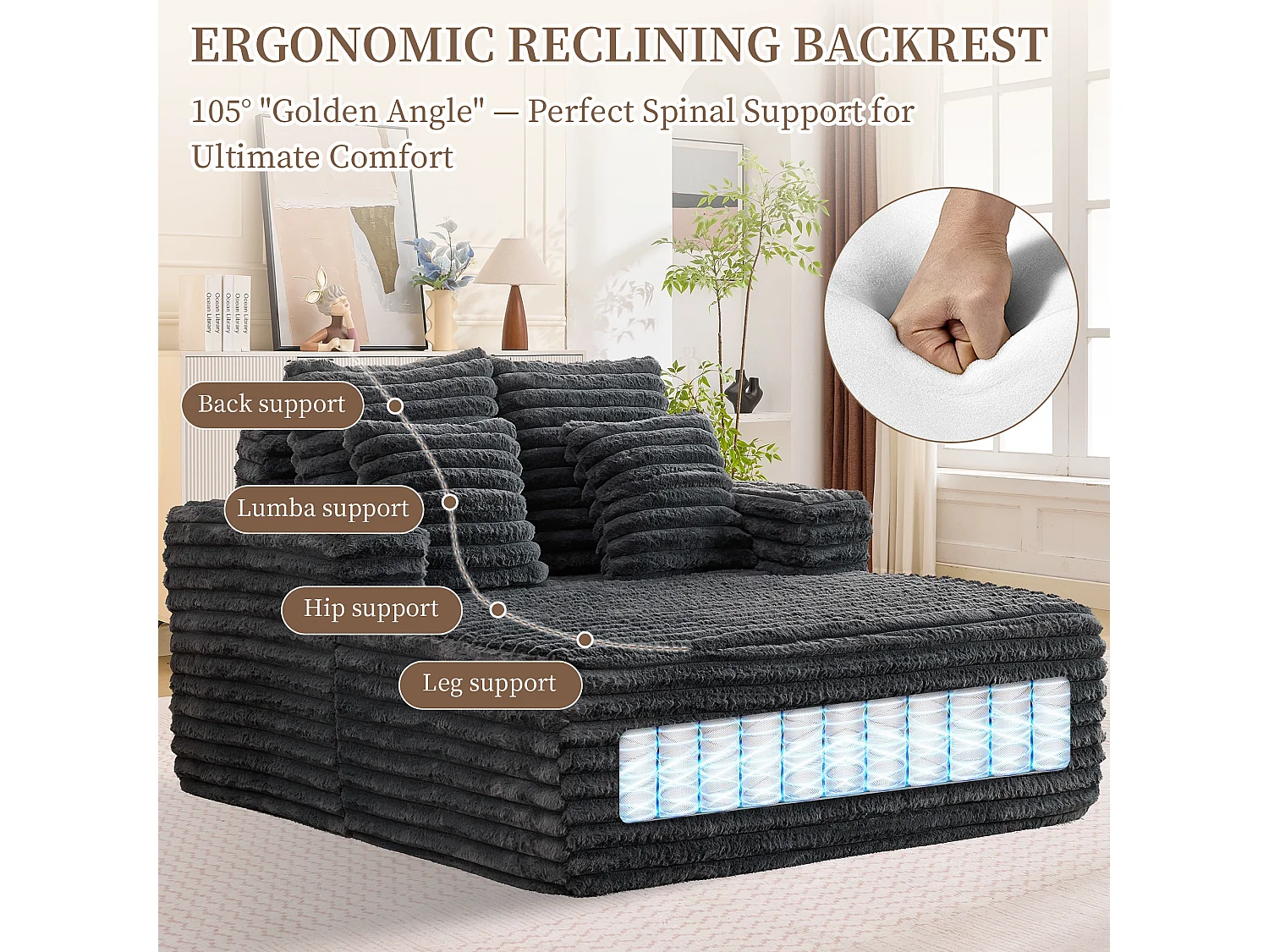 Chaise longue en fausse fourrure duveteuse façon nuage avec porte-gobelet, sans montage