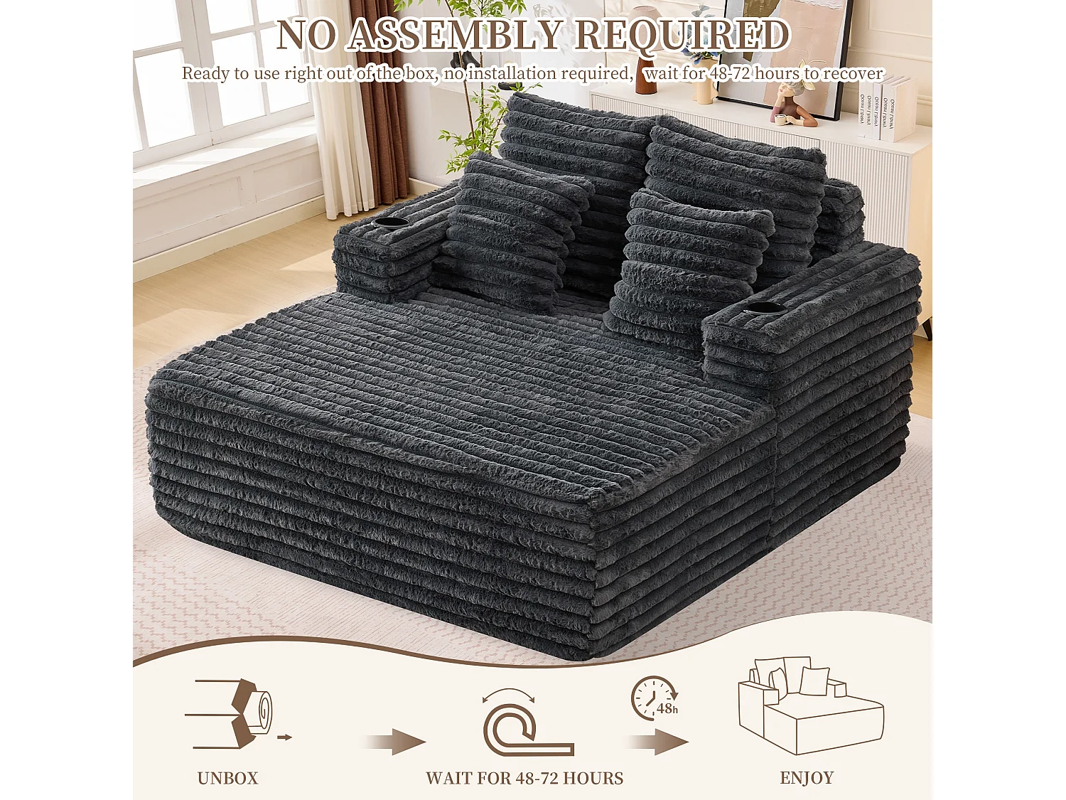 Chaise longue en fausse fourrure duveteuse façon nuage avec porte-gobelet, sans montage