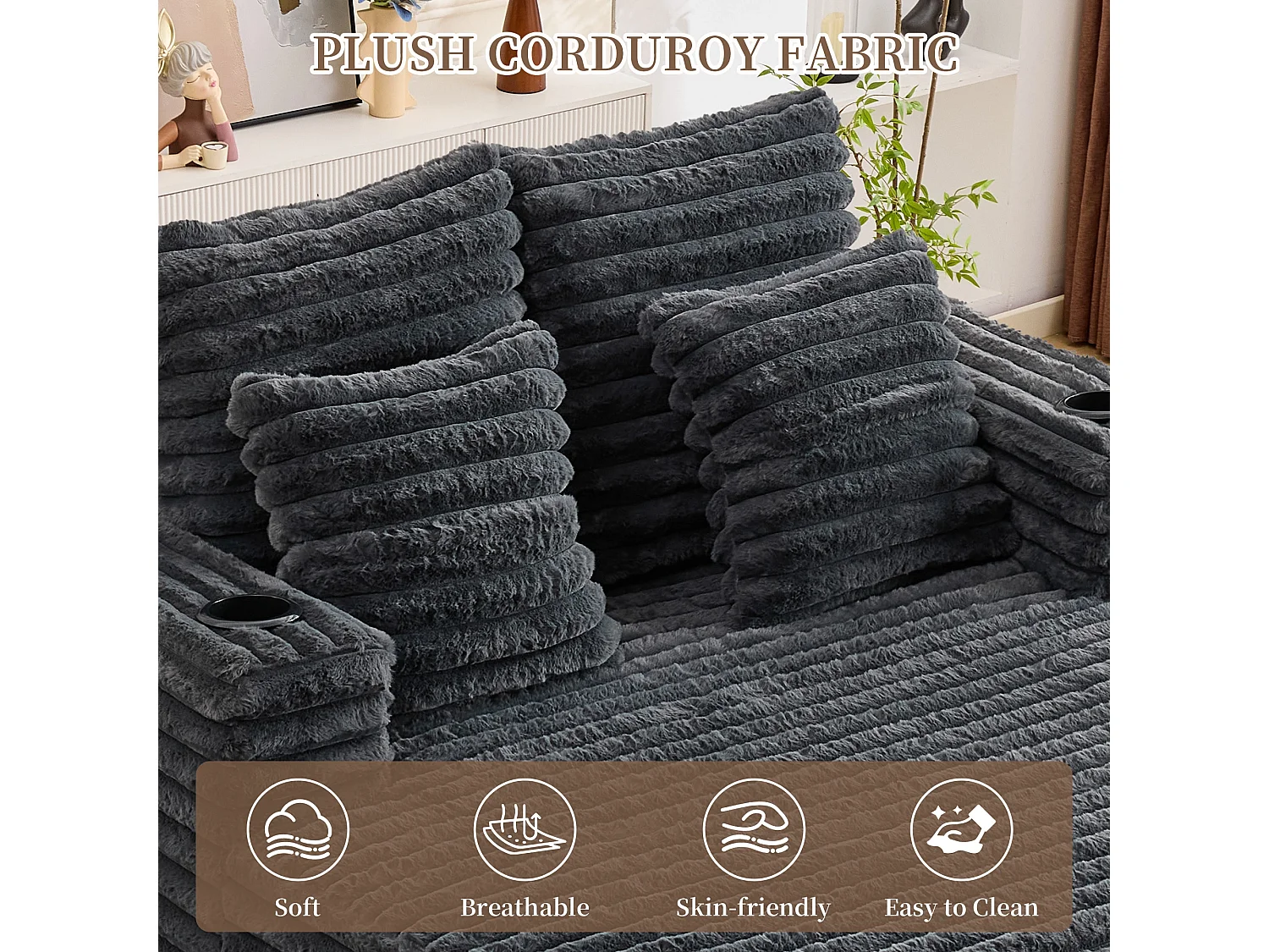 Chaise longue en fausse fourrure duveteuse façon nuage avec porte-gobelet, sans montage