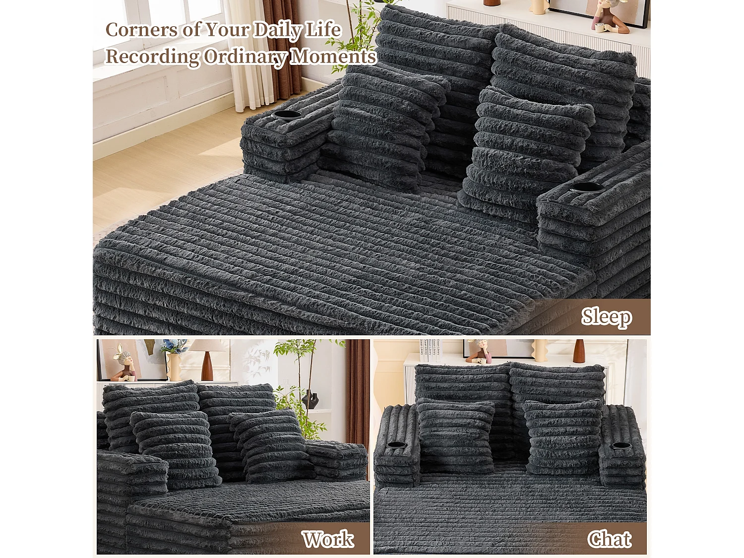 Chaise longue en fausse fourrure duveteuse façon nuage avec porte-gobelet, sans montage