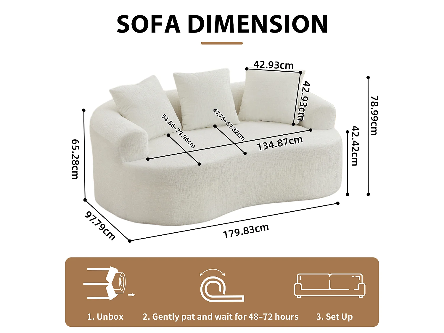 Canapé 2 places en chenille, petite causeuse avec 3 coussins, aucun assemblage requis