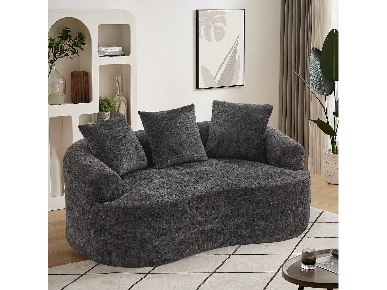 Canapé 2 places en chenille, petite causeuse avec 3 coussins, aucun assemblage requis