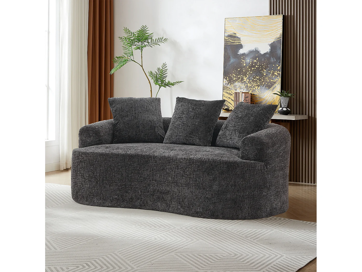 Canapé 2 places en chenille, petite causeuse avec 3 coussins, aucun assemblage requis