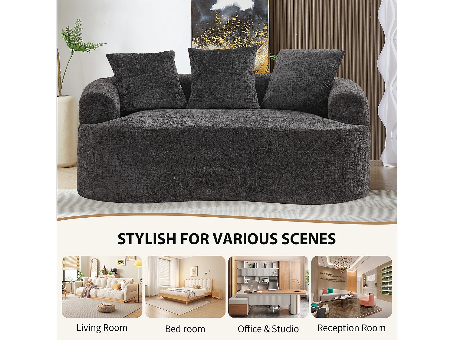 Canapé 2 places en chenille, petite causeuse avec 3 coussins, aucun assemblage requis