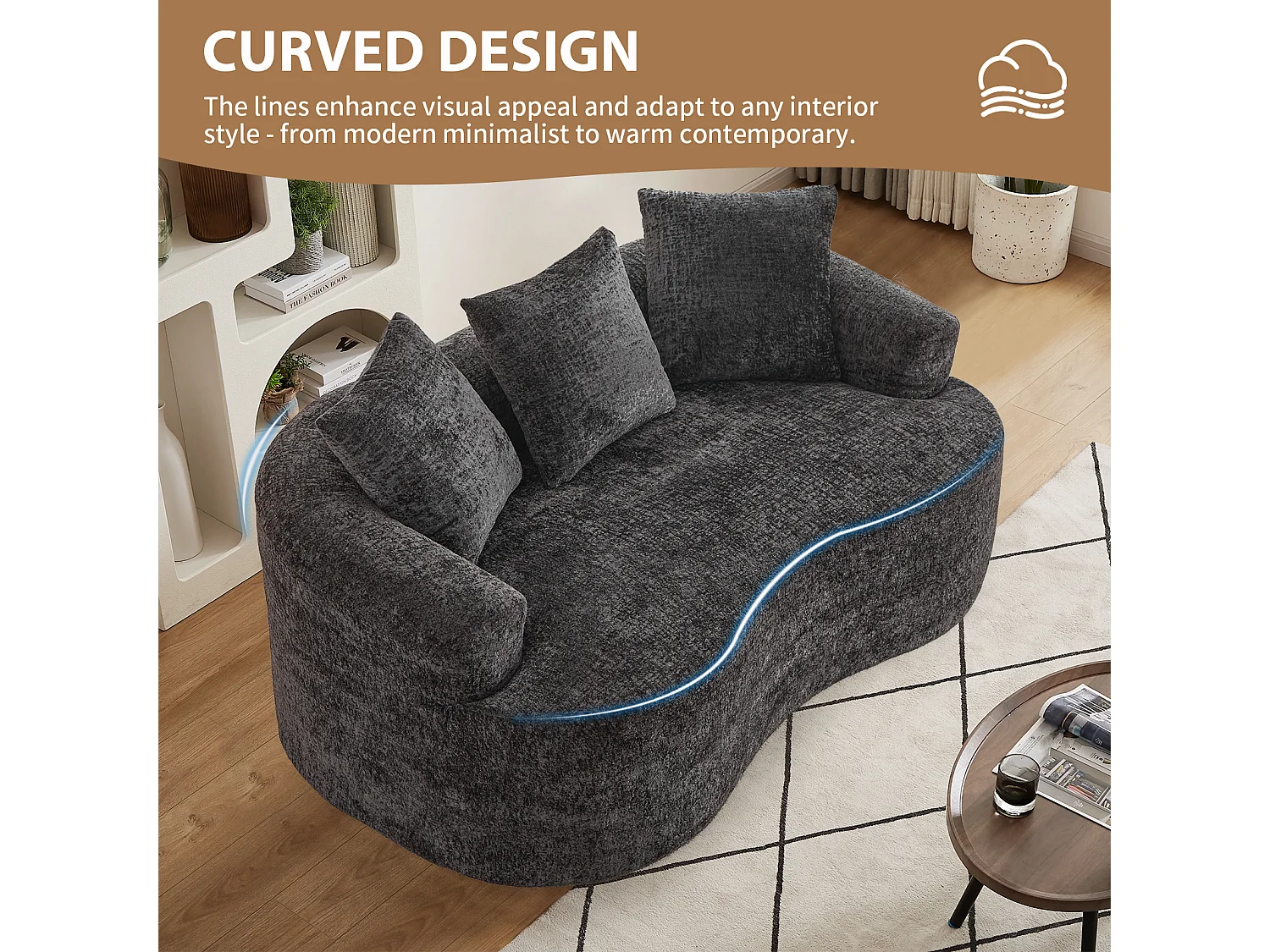 Canapé 2 places en chenille, petite causeuse avec 3 coussins, aucun assemblage requis
