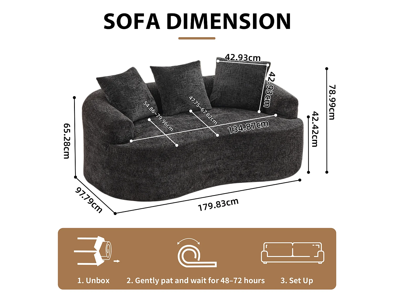 Canapé 2 places en chenille, petite causeuse avec 3 coussins, aucun assemblage requis