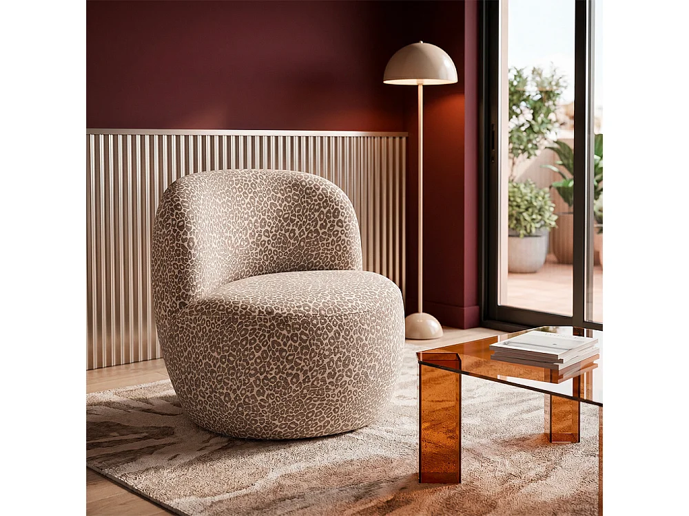 Mo - Fauteuil rond en tissu imprimé léopard - Beige