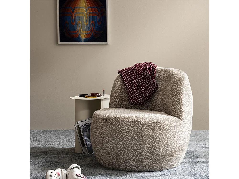 Mo - Fauteuil rond en tissu imprimé léopard - Beige