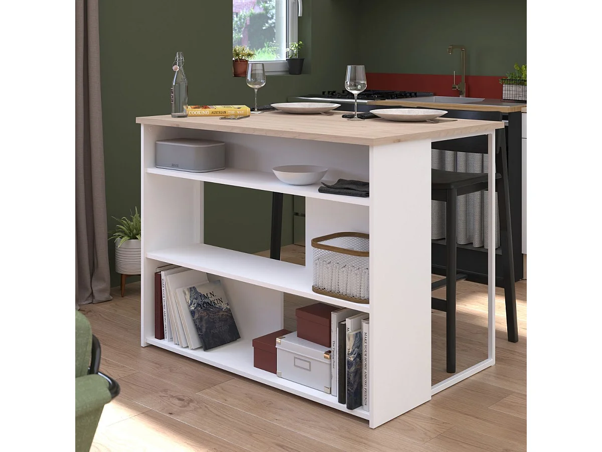 Ilot de cuisine avec rangement plateau aspect bois socle blanc et pieds métal - HUBERT