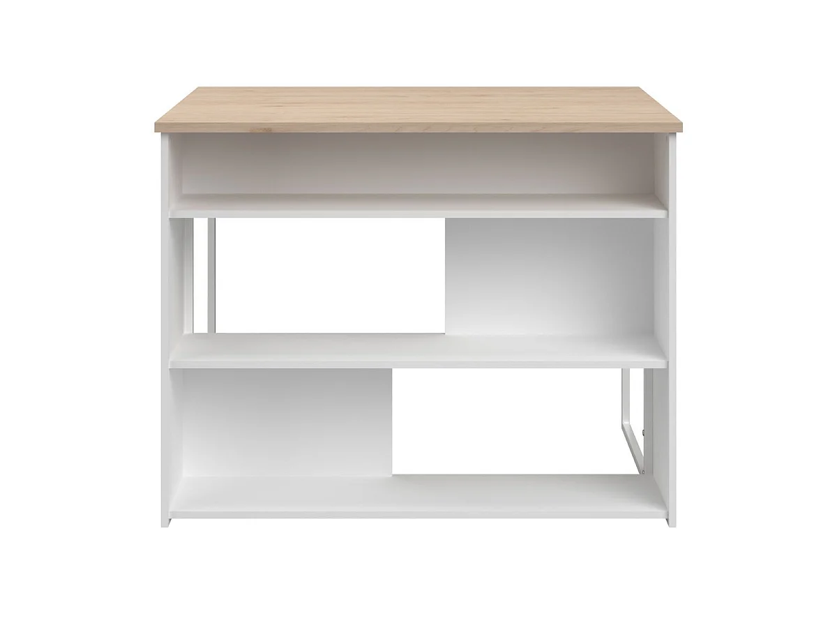Ilot de cuisine avec rangement plateau aspect bois socle blanc et pieds métal - HUBERT