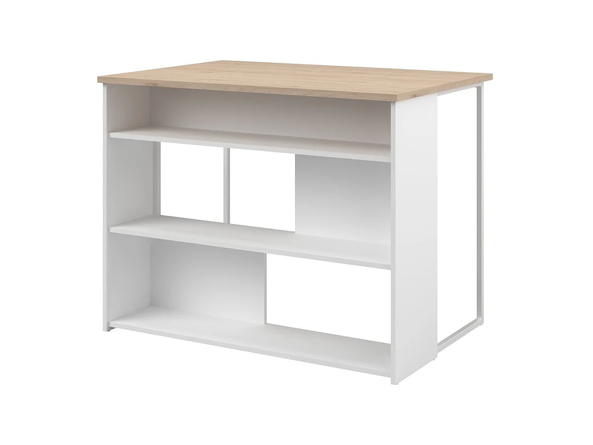 Ilot de cuisine avec rangement plateau aspect bois socle blanc et pieds métal - HUBERT