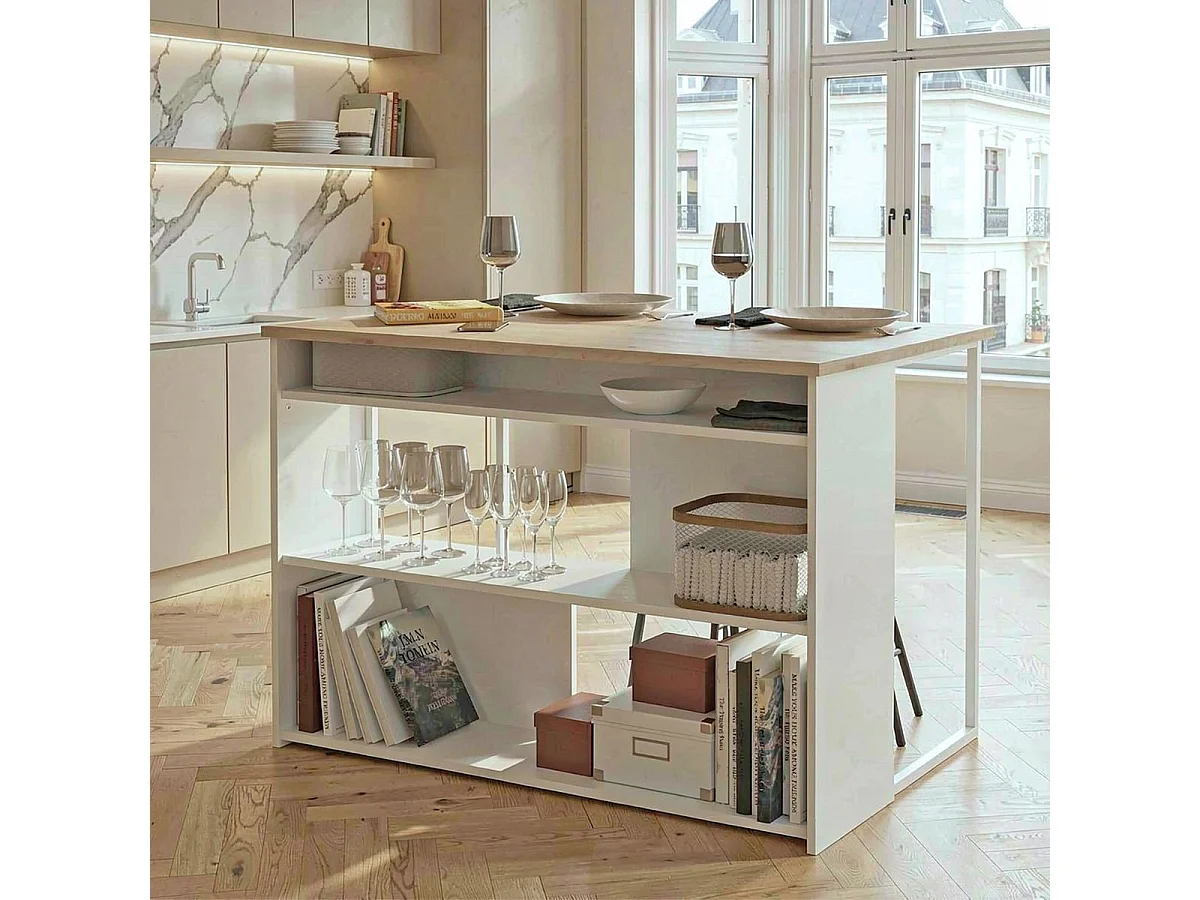 Ilot de cuisine avec rangement plateau aspect bois socle blanc et pieds métal - HUBERT