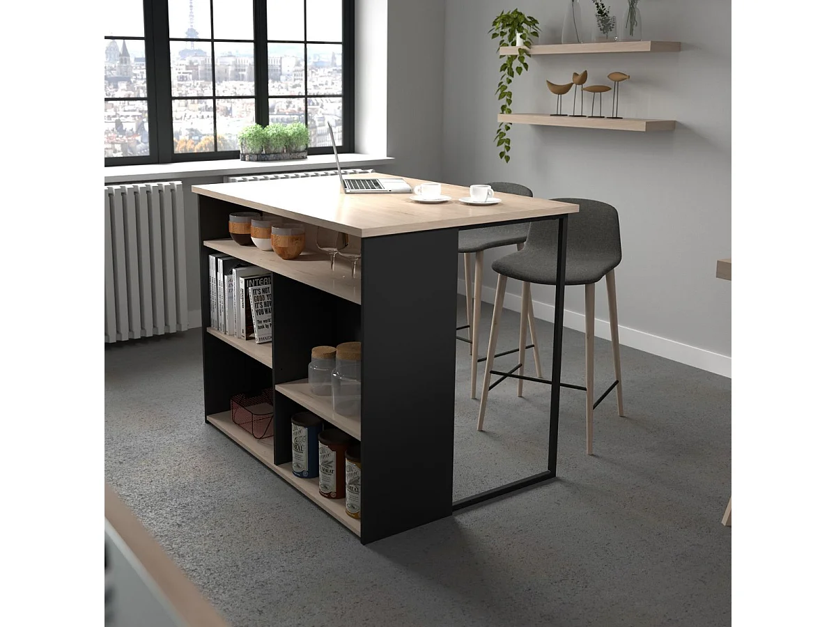 Ilot de cuisine avec rangement plateau aspect bois socle noir et pieds métal - CHUCK