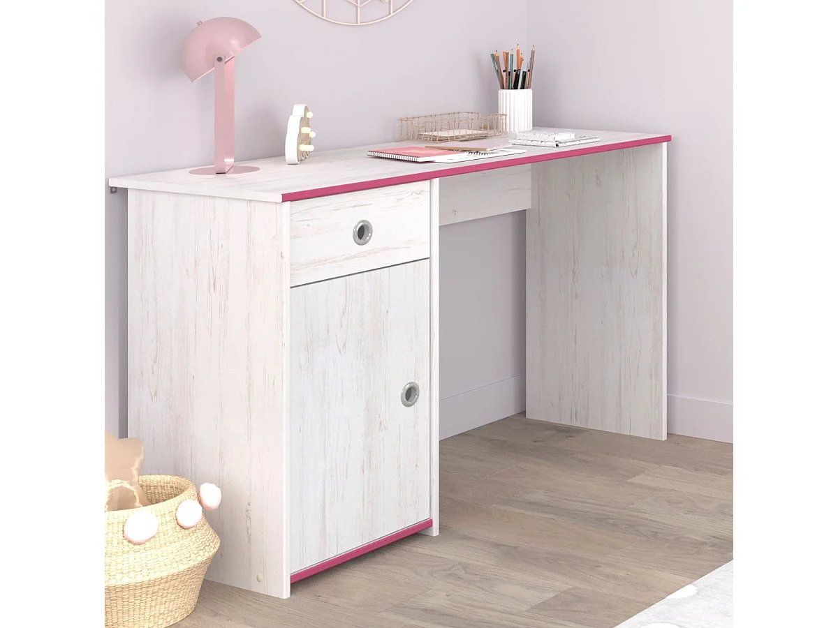Bureau 1 porte 1 tiroir aspect bois blanchi avec chants roses en façade - MISYLIA