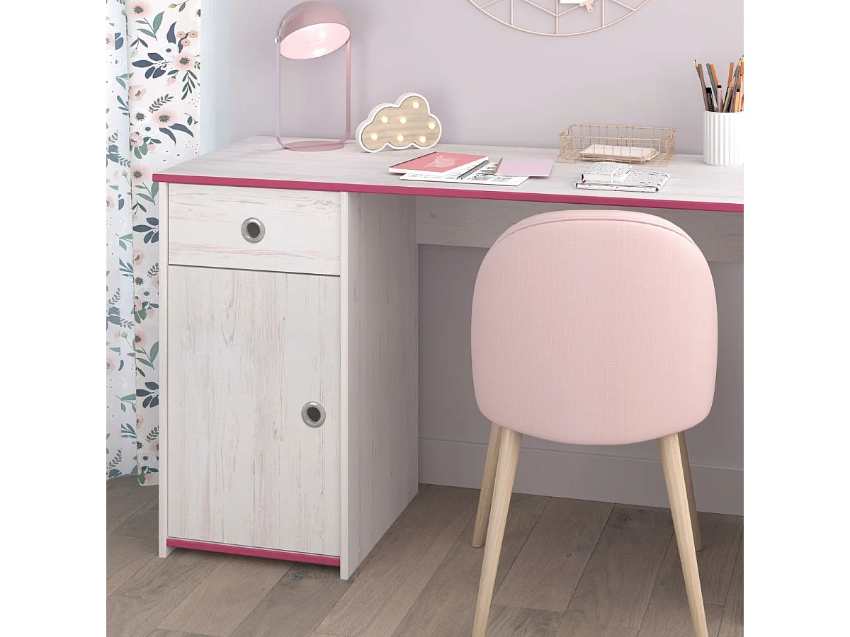 Bureau 1 porte 1 tiroir aspect bois blanchi avec chants roses en façade - MISYLIA