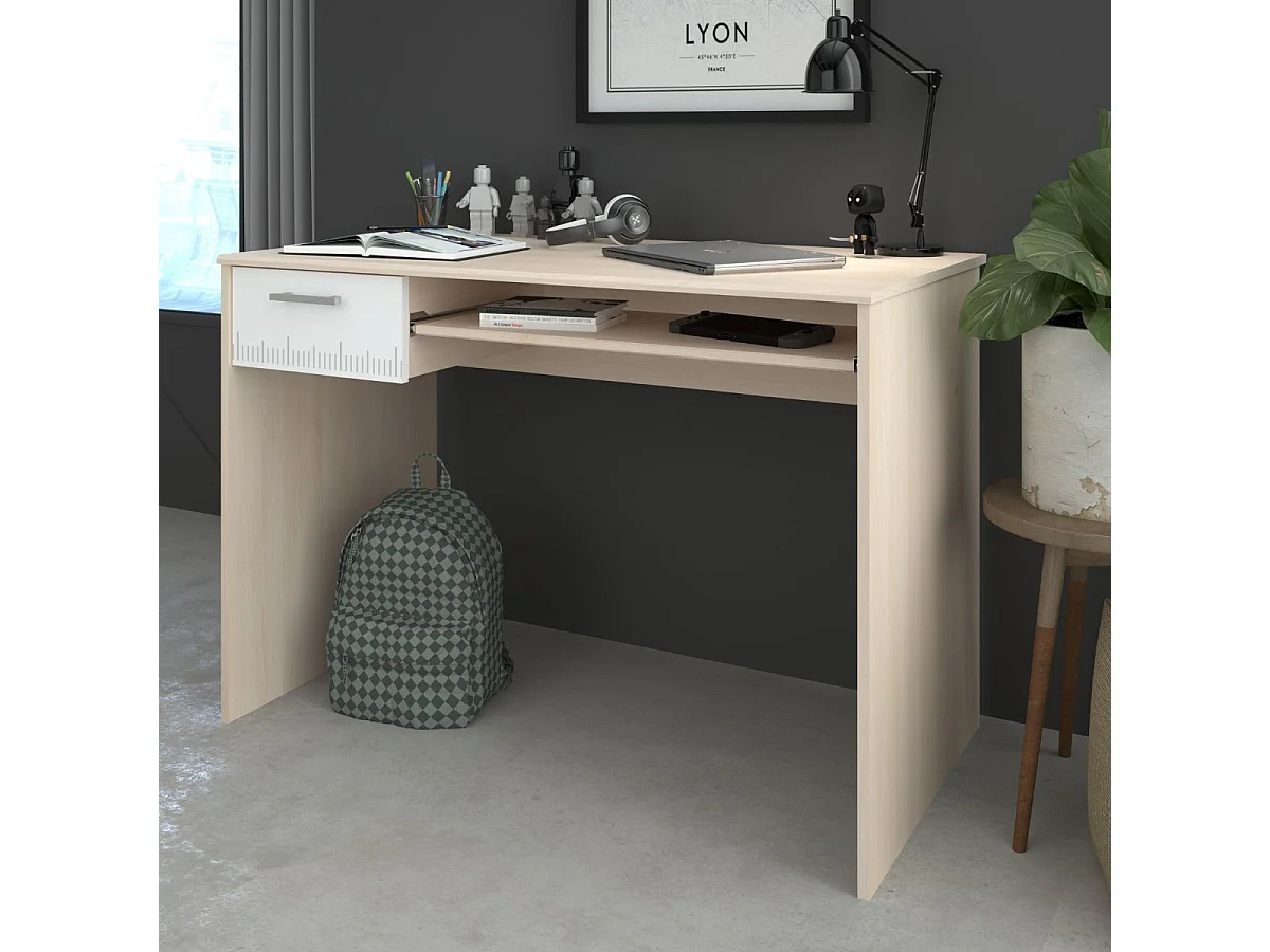 Bureau aspect bois avec tablette et 1 tiroir blanc sérigraphiée - CHARLINE