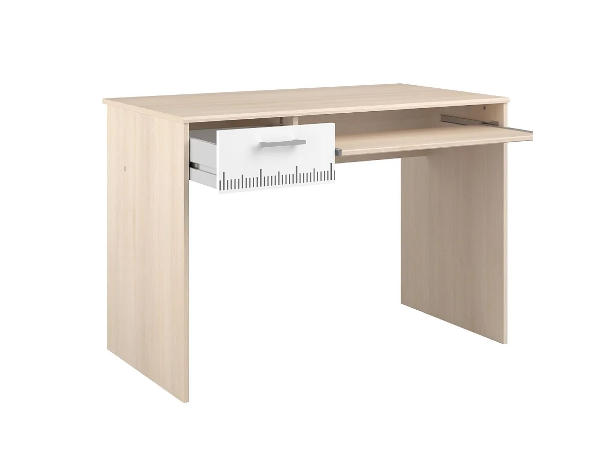 Bureau aspect bois avec tablette et 1 tiroir blanc sérigraphiée - CHARLINE