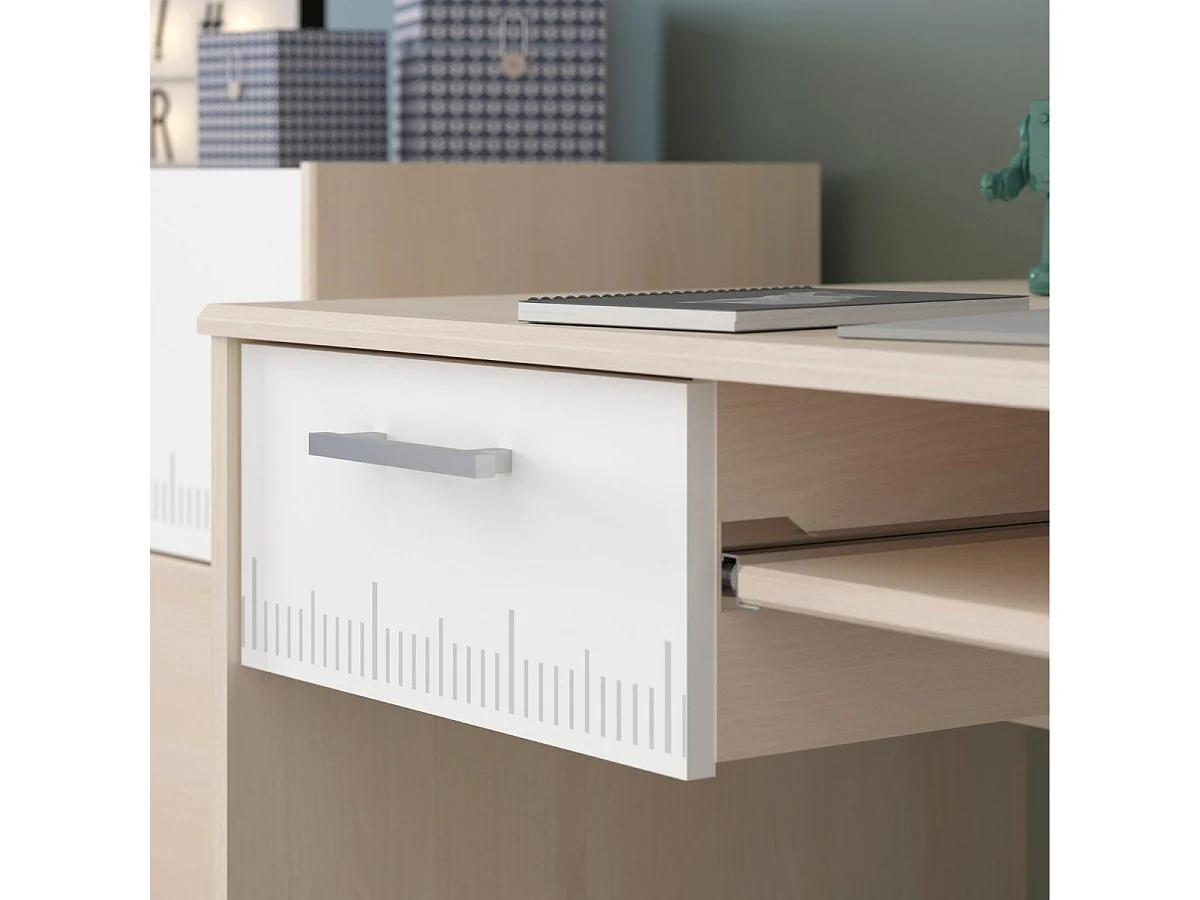 Bureau aspect bois avec tablette et 1 tiroir blanc sérigraphiée - CHARLINE