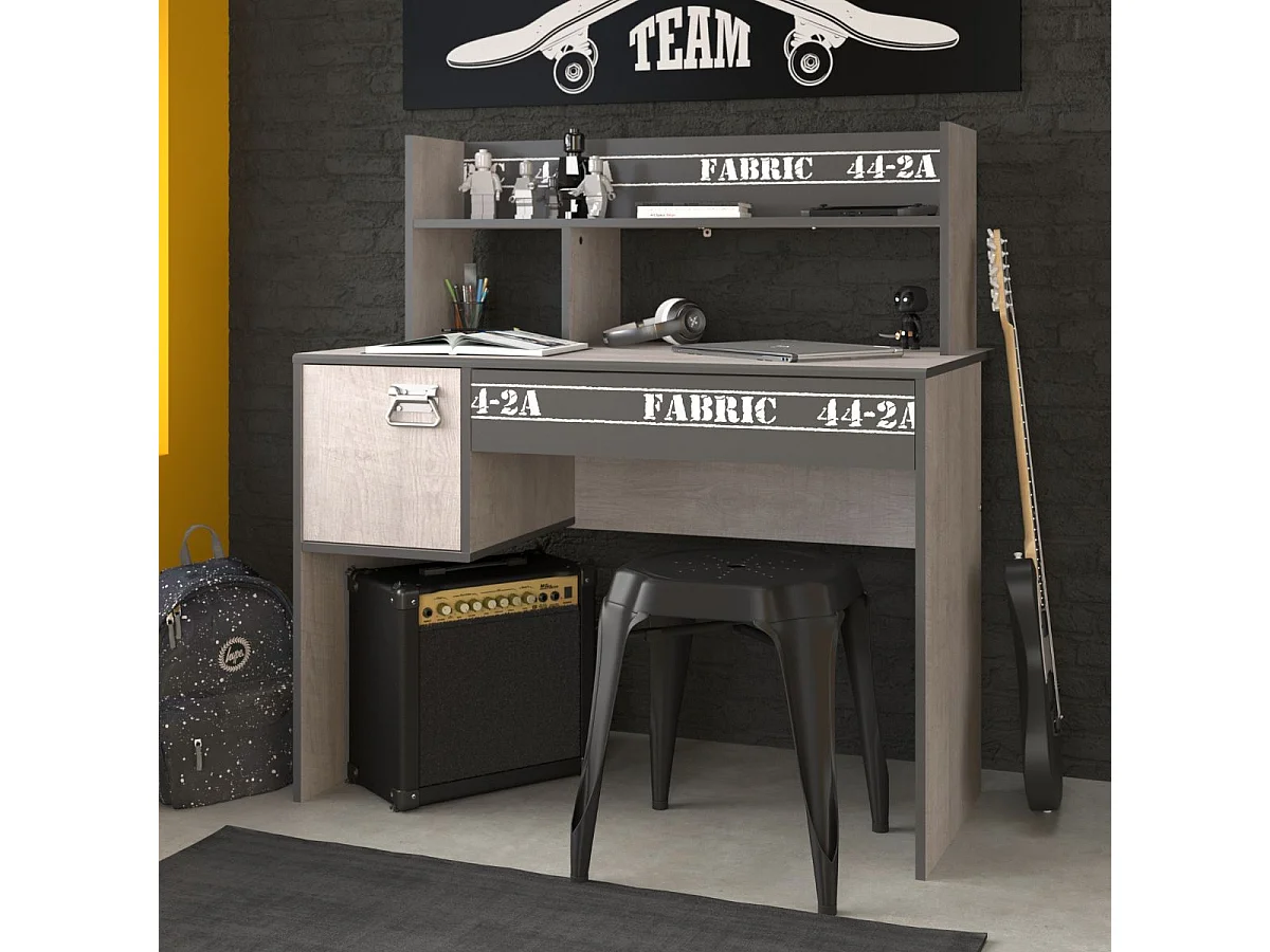 Bureau avec rangements aspect bois grisé et anthracite avec sérigraphies - ZIGGY