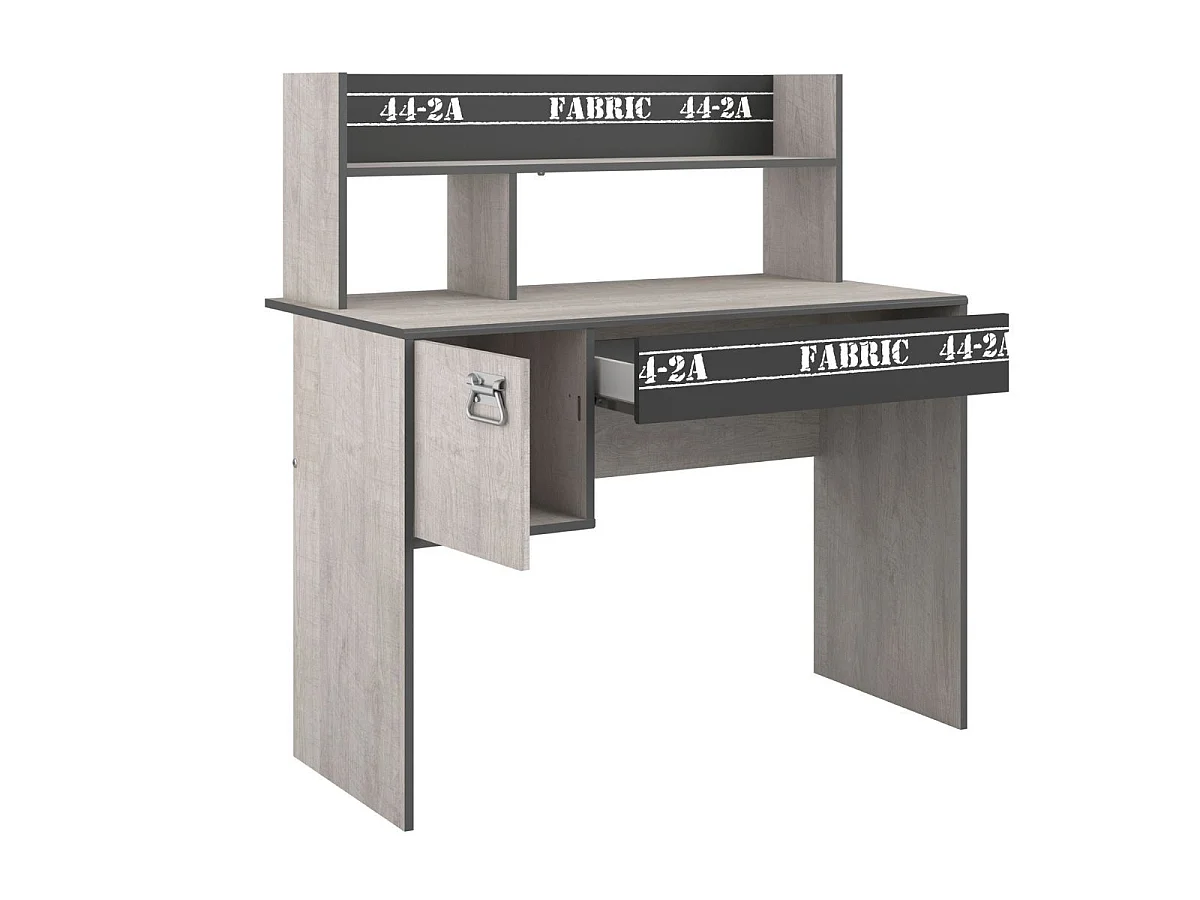 Bureau avec rangements aspect bois grisé et anthracite avec sérigraphies - ZIGGY