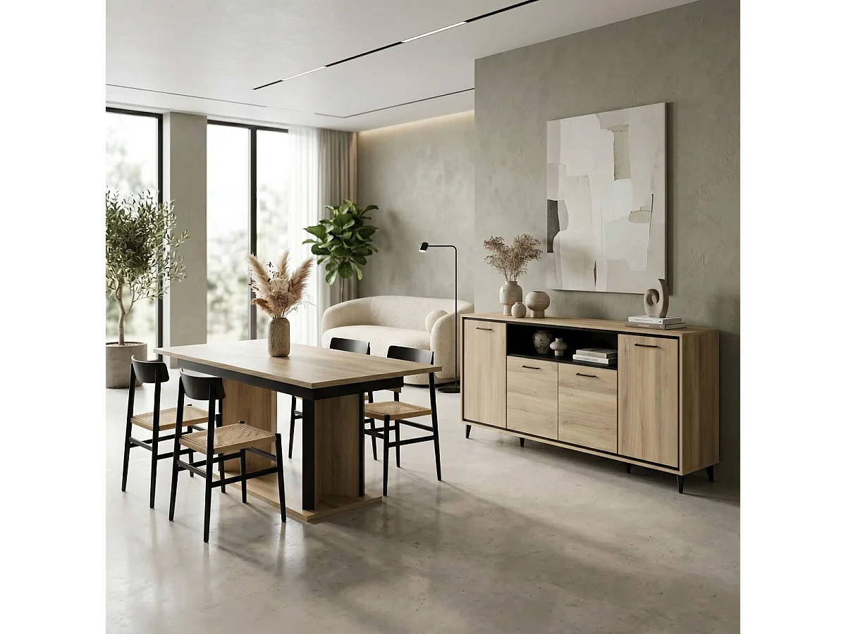 Ensemble séjour table repas allongeable + buffet 4 portes aspect bois et noir - OSTAREL