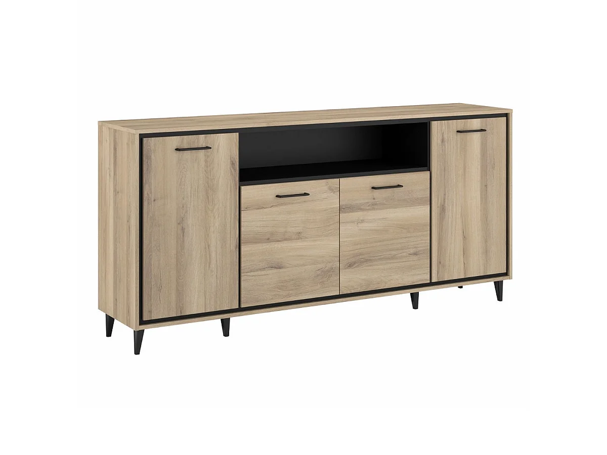 Ensemble séjour table repas allongeable + buffet 4 portes aspect bois et noir - OSTAREL