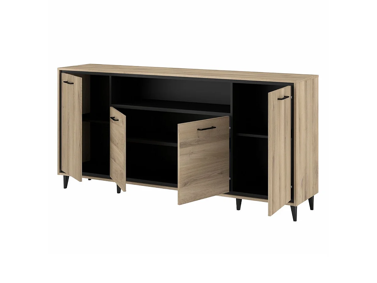 Ensemble séjour table repas allongeable + buffet 4 portes aspect bois et noir - OSTAREL