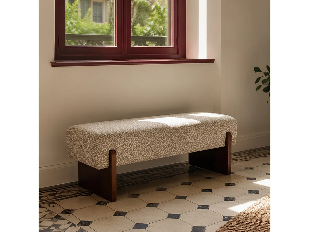 Sally - Banc en tissu imprimé léopard et bois - Beige