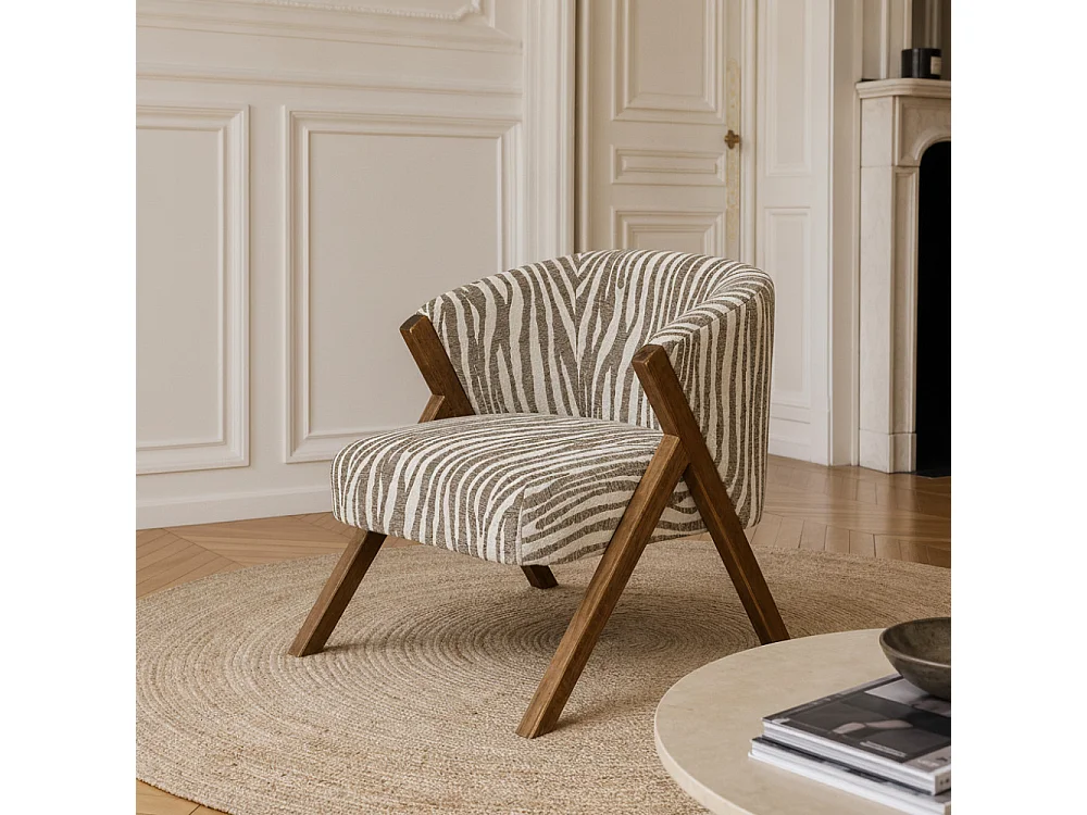 Malou - Fauteuil imprimé zèbre pieds bois foncé - Beige