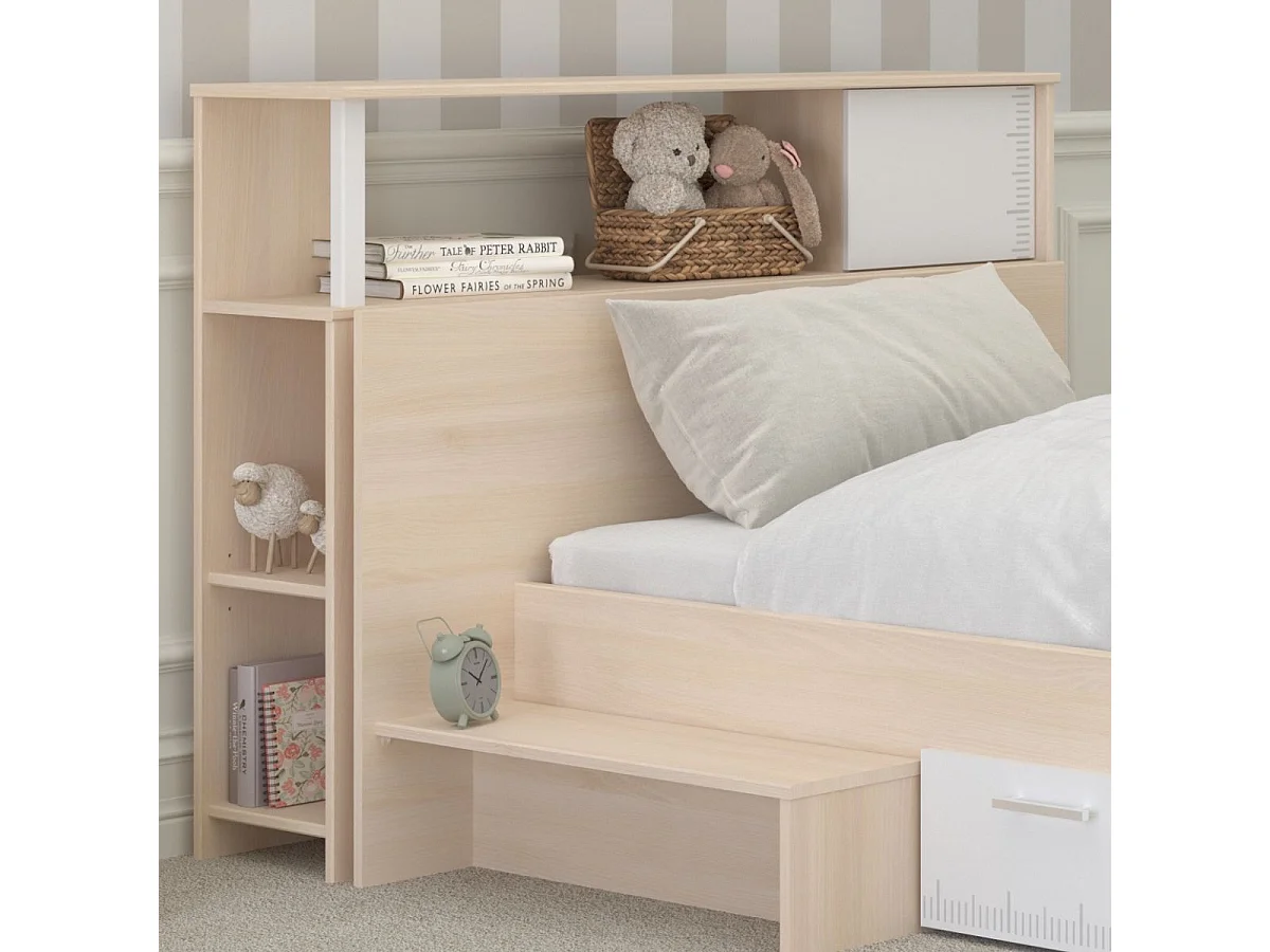 Tête de lit avec rangements aspect bois façade blanche sérigraphiée - CHARLINE