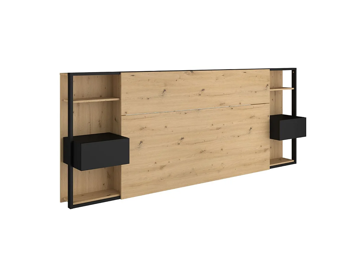 Tête de lit avec chevets suspendus et tablettes aspect bois et noir - KATELL