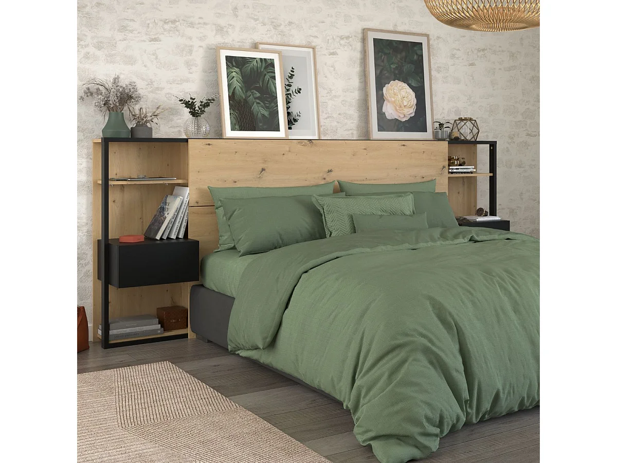 Tête de lit avec chevets suspendus et tablettes aspect bois et noir - KATELL