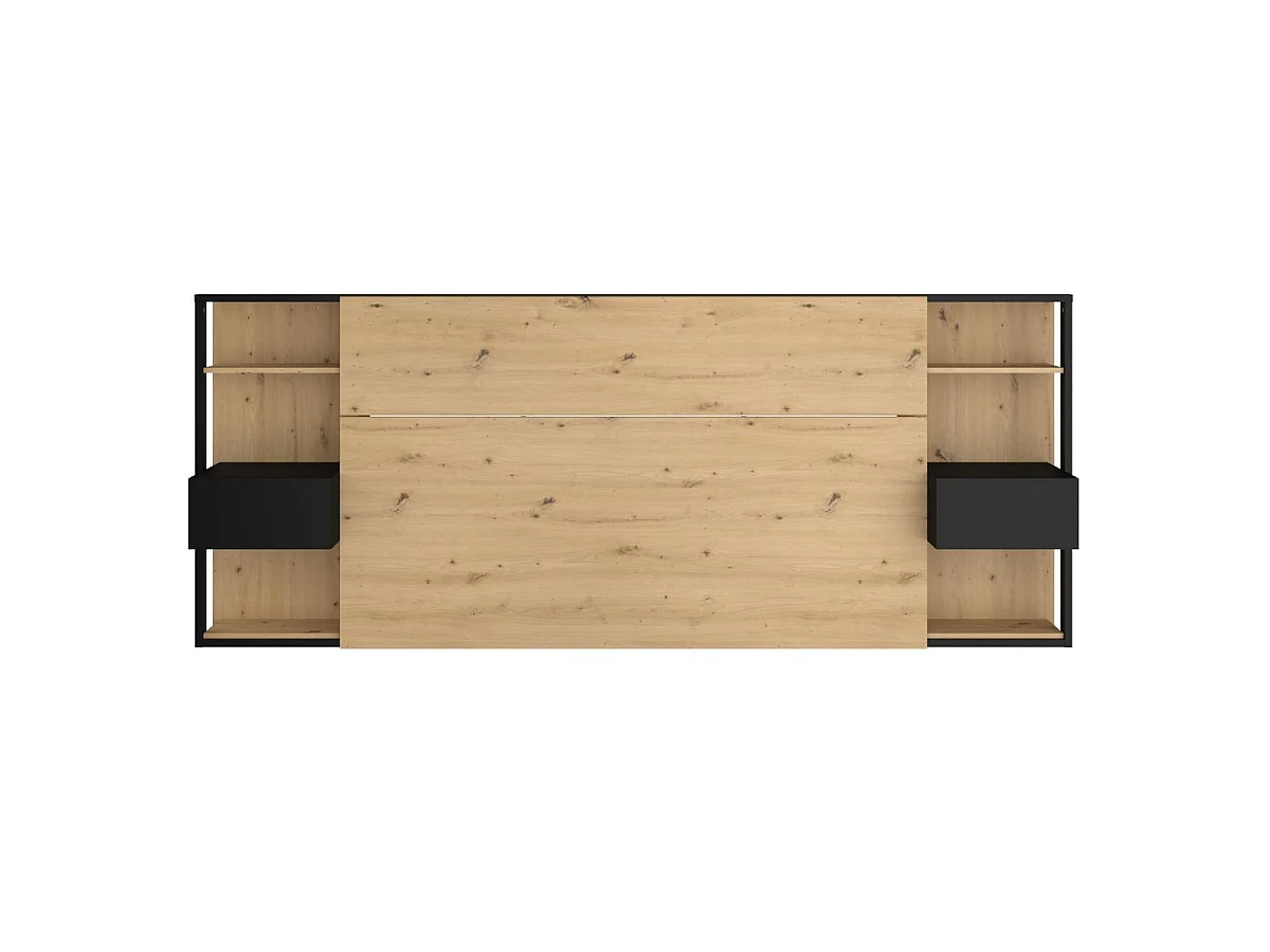 Tête de lit avec chevets suspendus et tablettes aspect bois et noir - KATELL