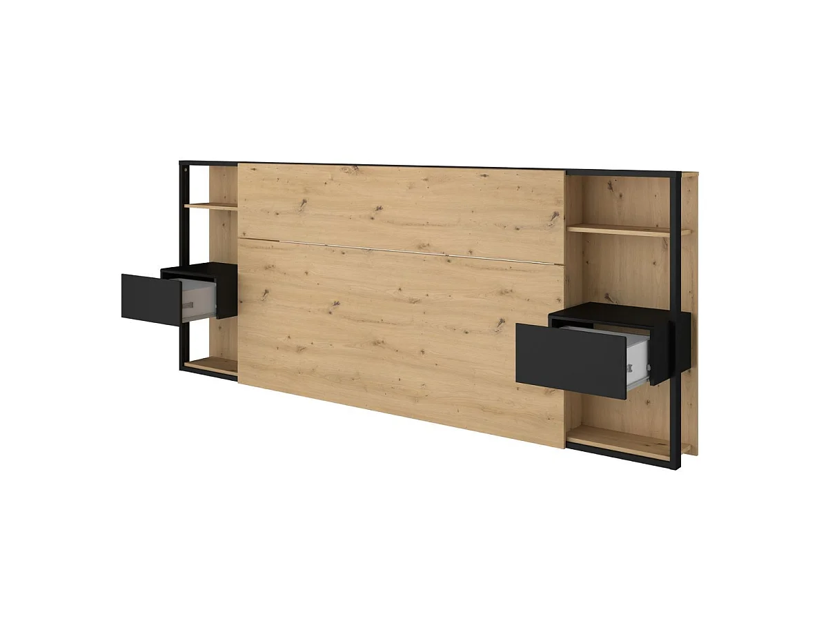 Tête de lit avec chevets suspendus et tablettes aspect bois et noir - KATELL