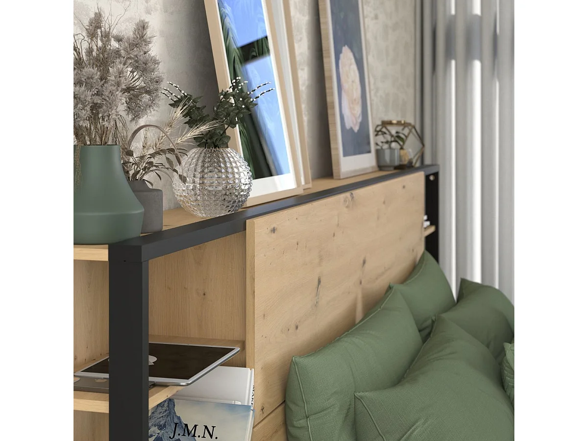 Tête de lit avec chevets suspendus et tablettes aspect bois et noir - KATELL