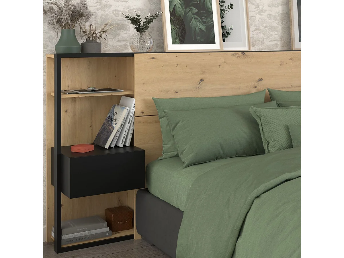 Tête de lit avec chevets suspendus et tablettes aspect bois et noir - KATELL