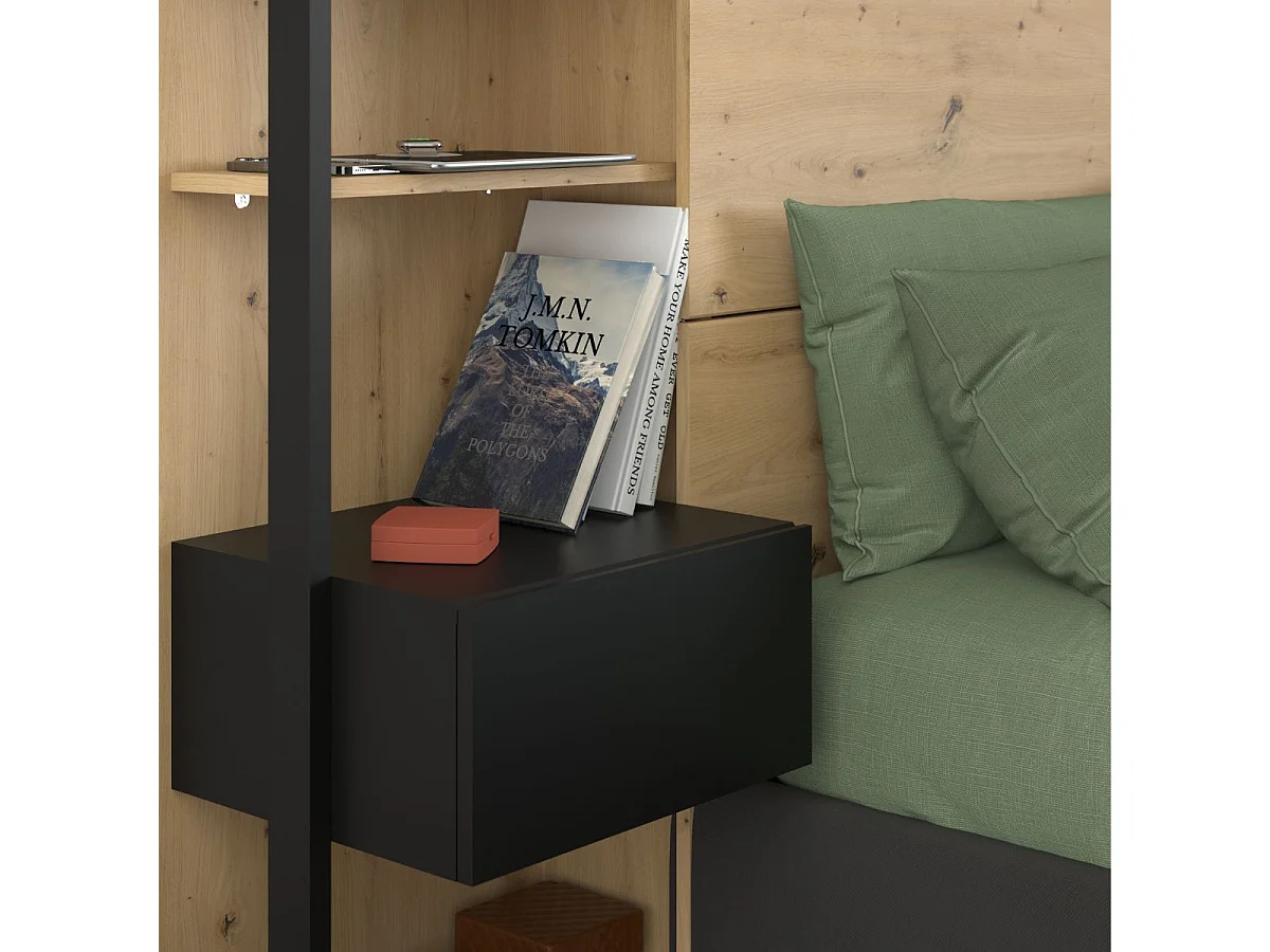 Tête de lit avec chevets suspendus et tablettes aspect bois et noir - KATELL