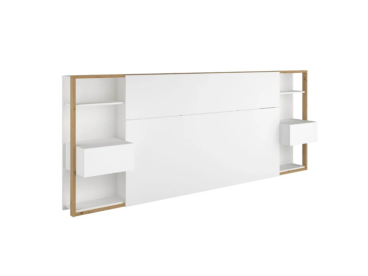 Tête de lit avec chevets suspendus et tablettes blanc et aspect bois - KATELL