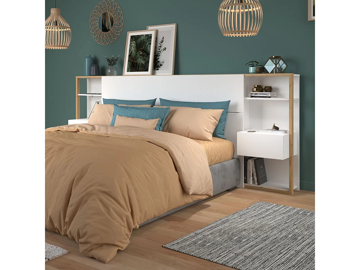 Tête de lit avec chevets suspendus et tablettes blanc et aspect bois - KATELL