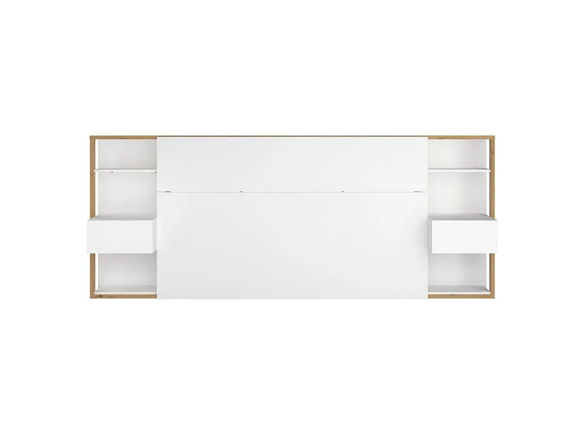 Tête de lit avec chevets suspendus et tablettes blanc et aspect bois - KATELL