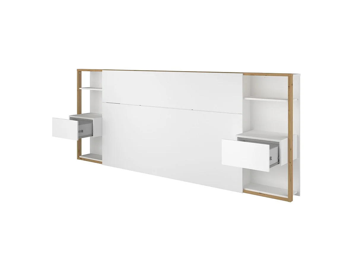 Tête de lit avec chevets suspendus et tablettes blanc et aspect bois - KATELL