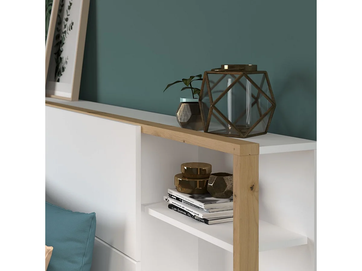 Tête de lit avec chevets suspendus et tablettes blanc et aspect bois - KATELL