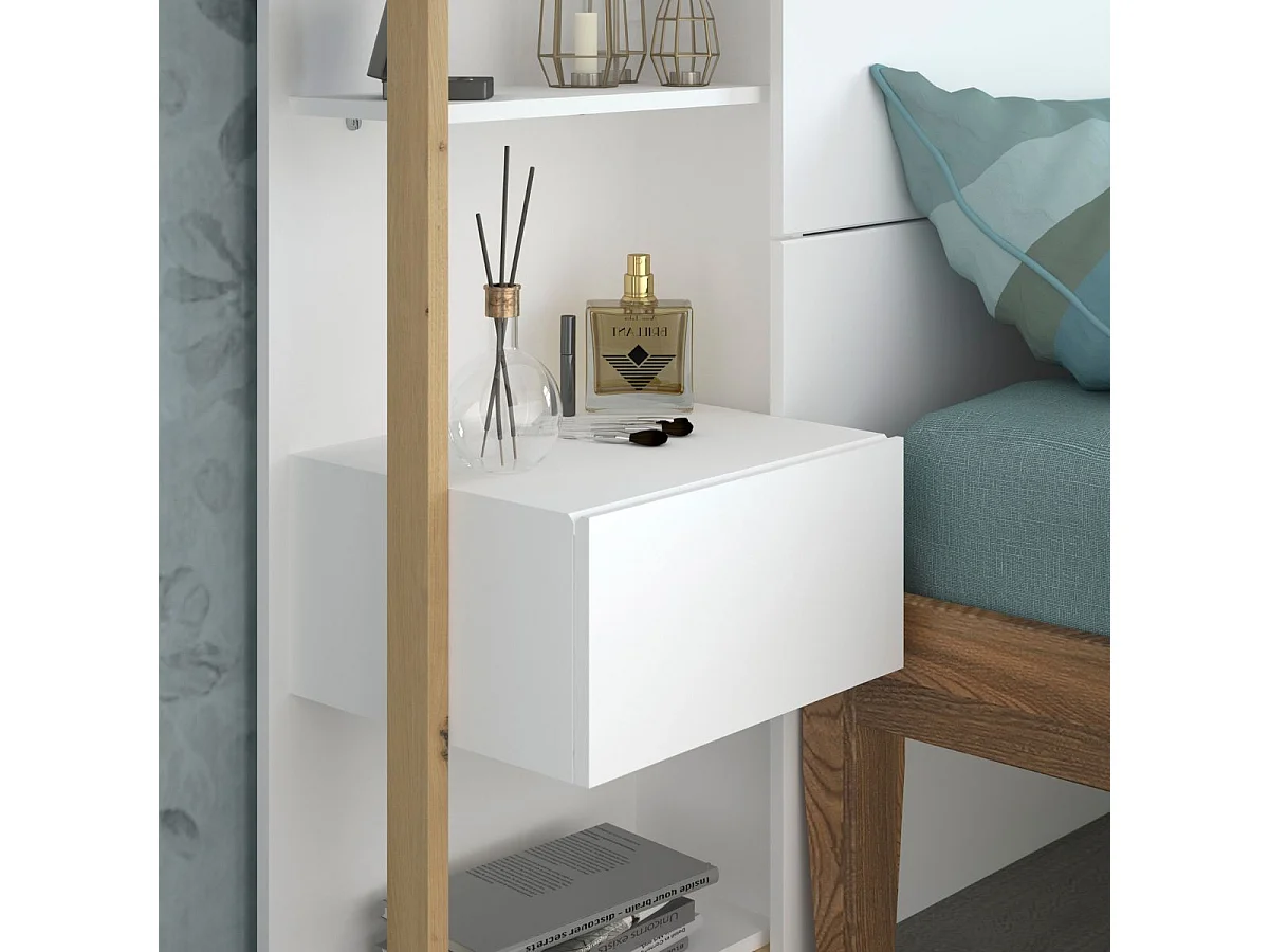 Tête de lit avec chevets suspendus et tablettes blanc et aspect bois - KATELL