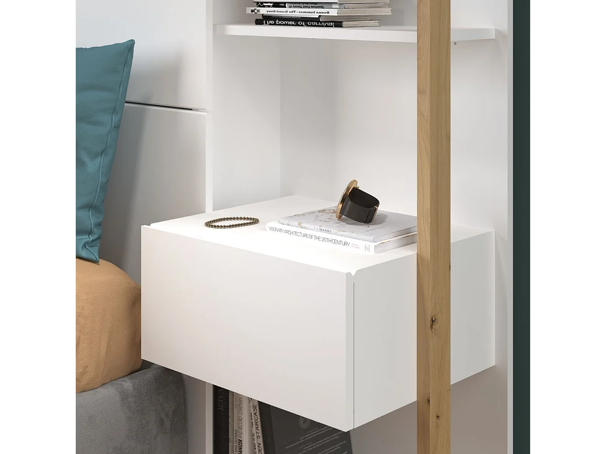 Tête de lit avec chevets suspendus et tablettes blanc et aspect bois - KATELL