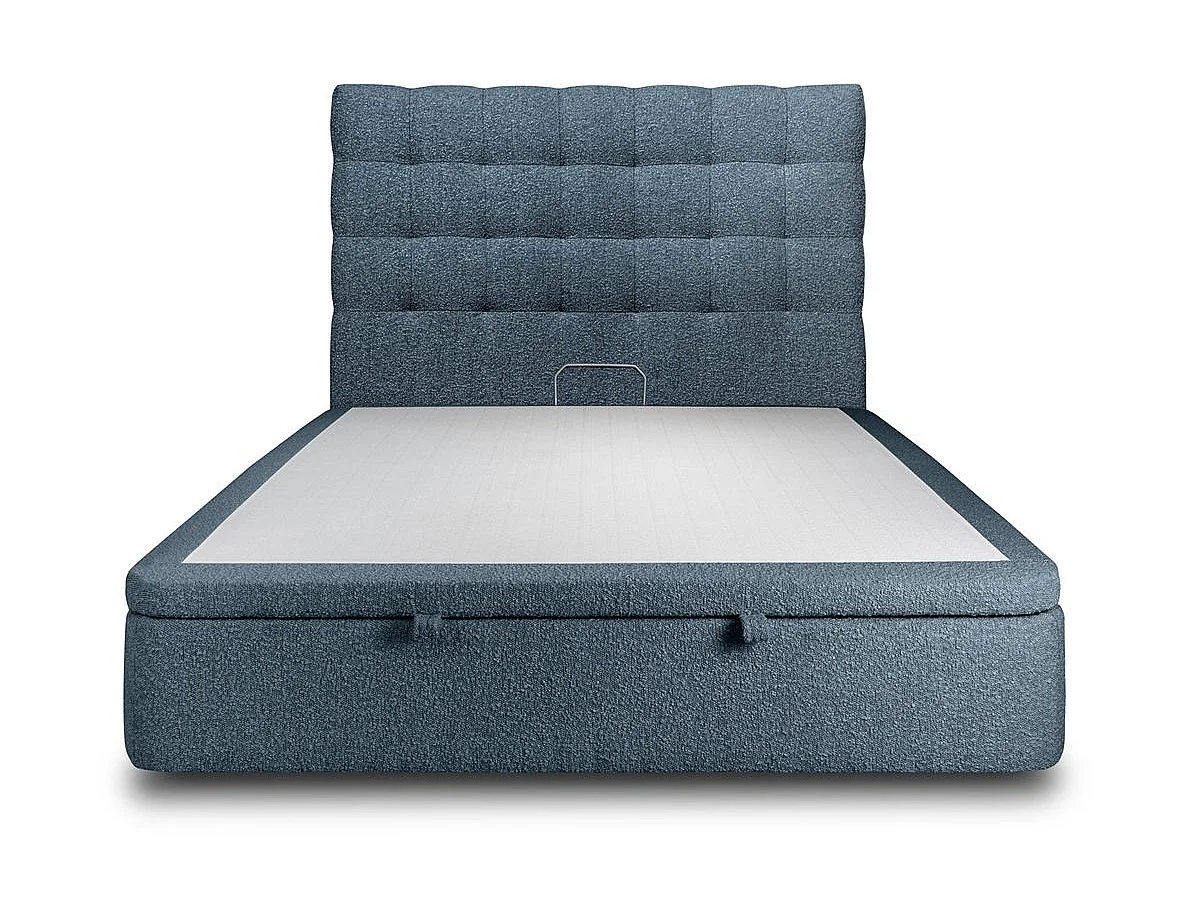 Lit coffre 140x190cm avec tête de lit capitonnée Bouclette Bleu - Hauteur totale : 39cm