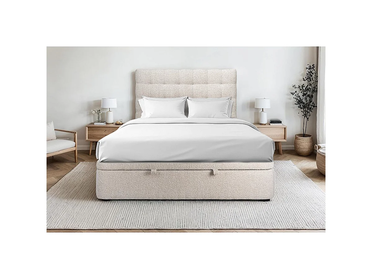 Lit coffre 140x200cm avec tête de lit capitonnée Bouclette Beige - Hauteur totale : 39cm