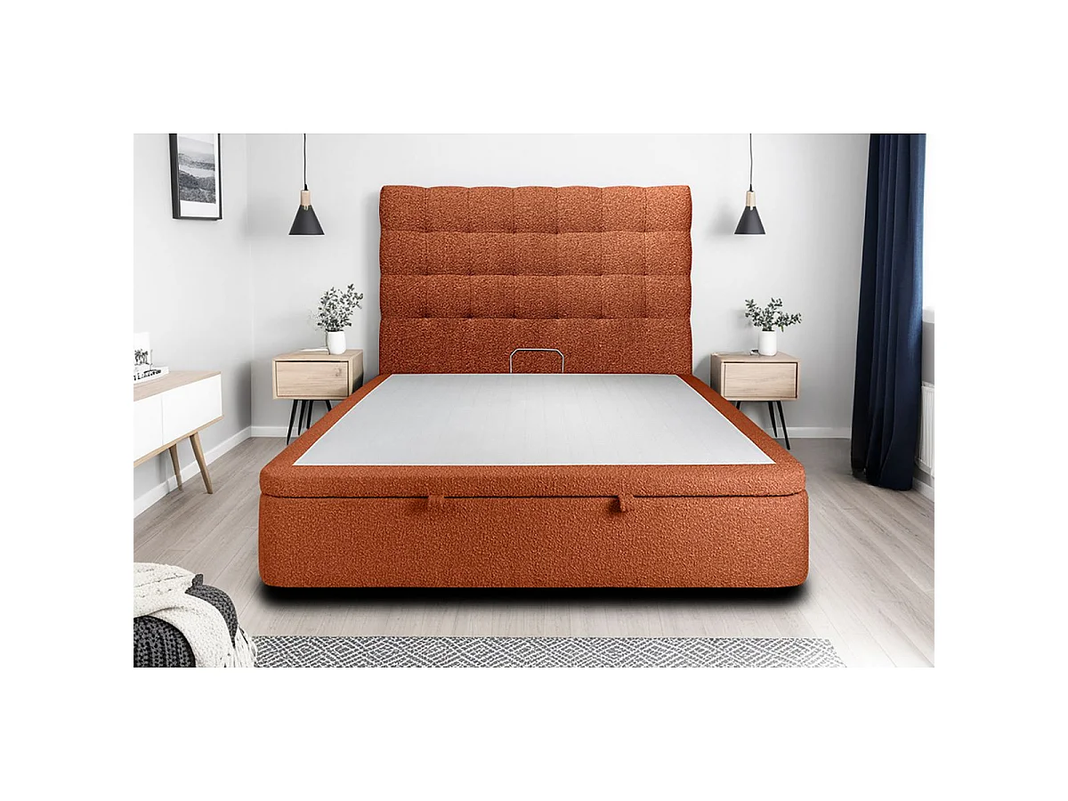 Lit coffre 200x200cm avec tête de lit capitonnée Bouclette Terracotta - Hauteur totale : 39cm