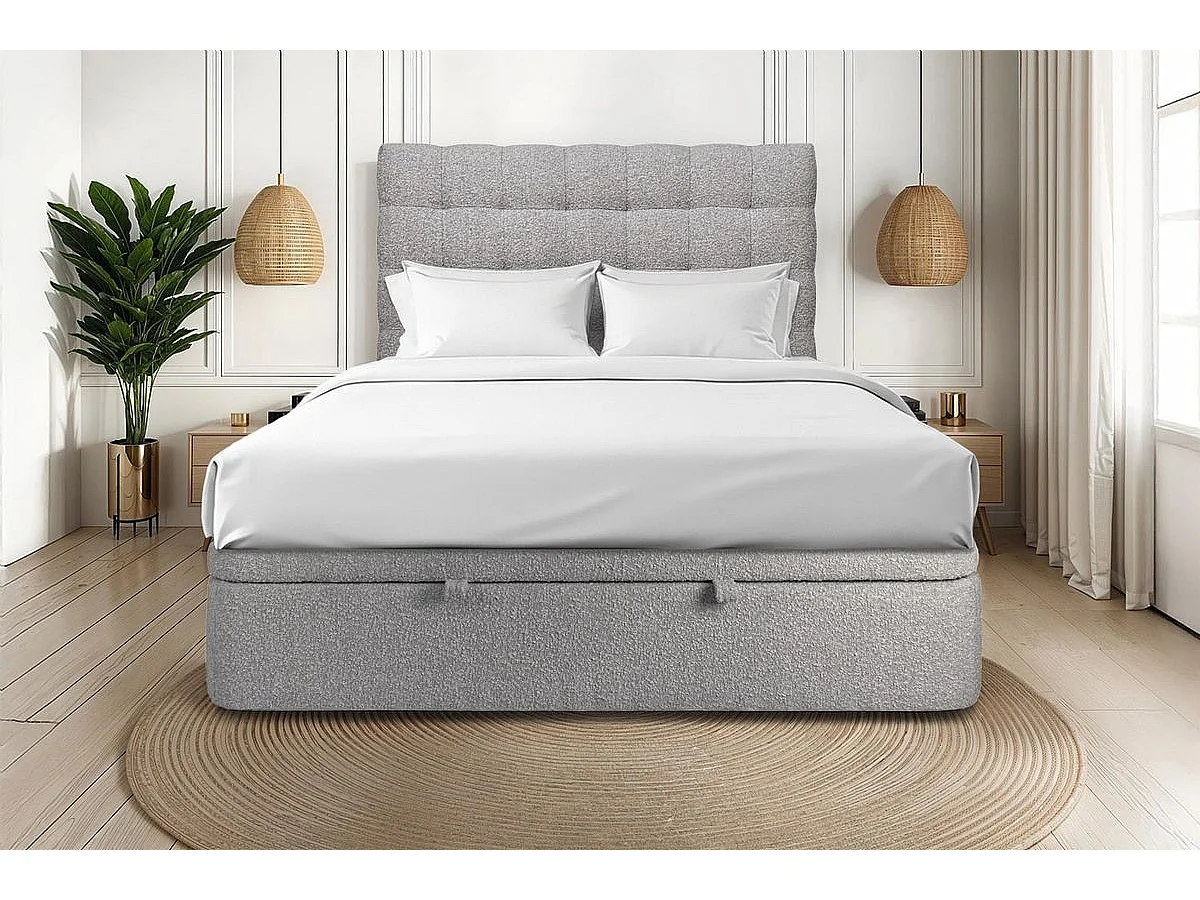 Lit coffre 180x200cm avec tête de lit capitonnée Bouclette Gris - Hauteur totale : 39cm
