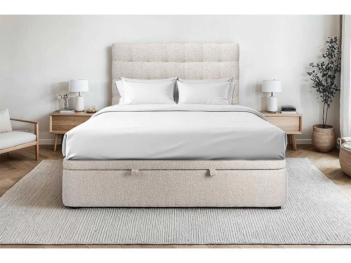 Lit coffre 180x200cm avec tête de lit capitonnée Bouclette Beige - Hauteur totale : 39cm