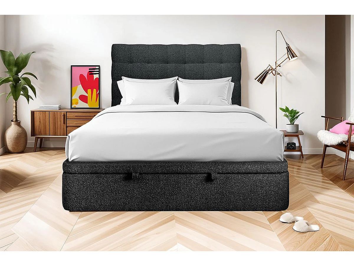 Lit coffre 140x190cm avec tête de lit capitonnée Bouclette Noir - Hauteur totale : 39cm